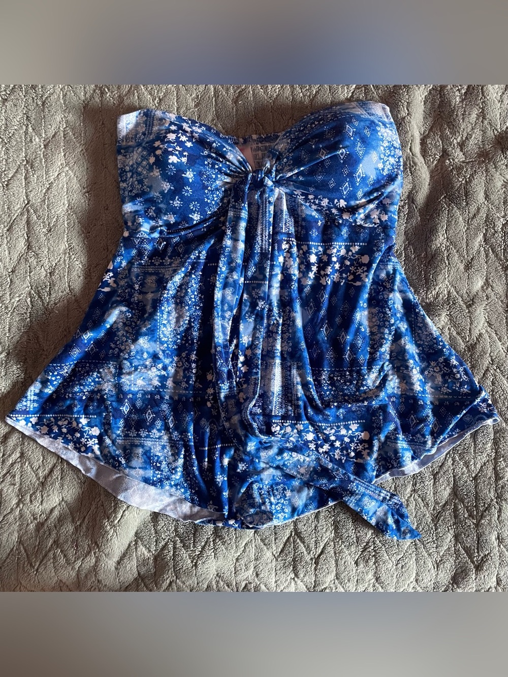 Blue and white patterned tube top